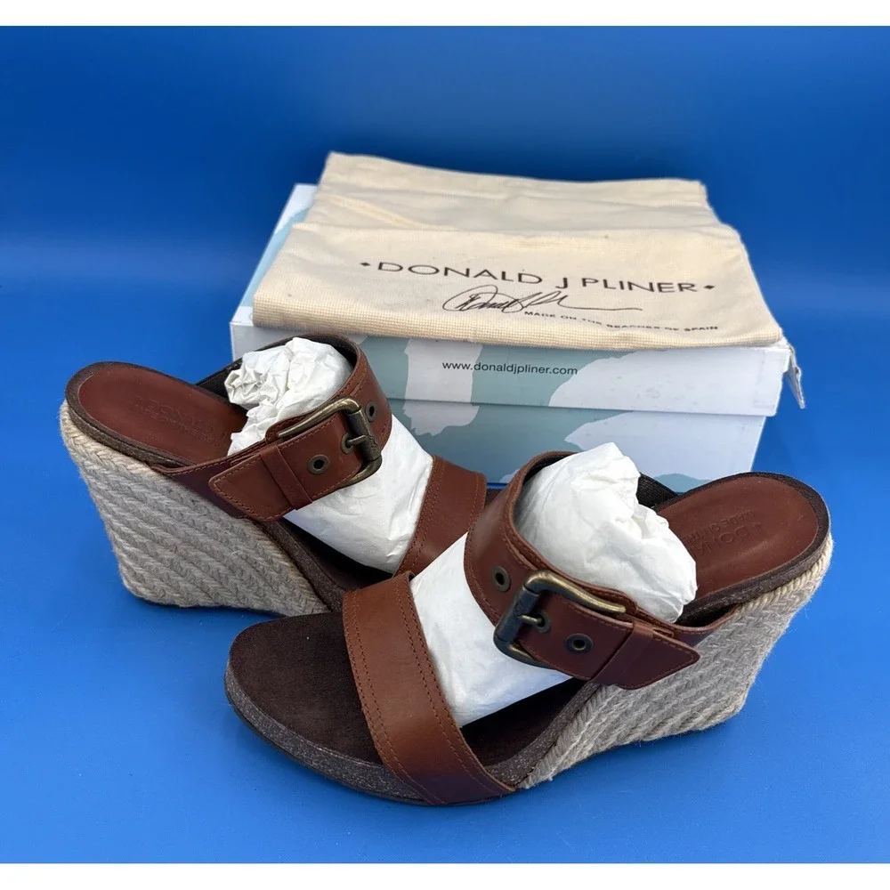 Donald J Pliner 9 brown leather Calf-Hair espadrille wedge sandal Made in Spain